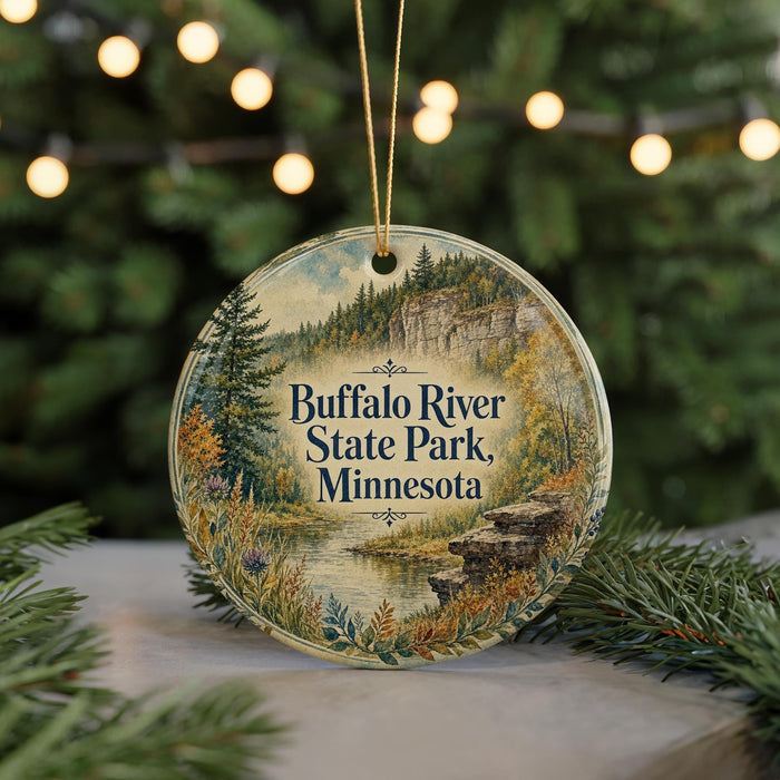 A round ornament with a scenic image of Buffalo River State Park in Minnesota, featuring a river, forest, and mountains.