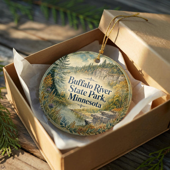 A decorative ornament in a box, featuring a scenic landscape of the Buffalo River State Park in Minnesota.