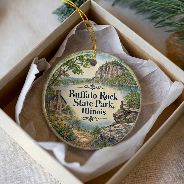 A decorative ornament in a box, featuring a scenic landscape with a house, trees, and a body of water.