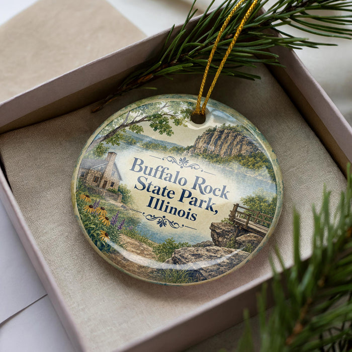 A decorative ornament in a box, featuring a scenic image of Buffalo Rock State Park in Illinois.