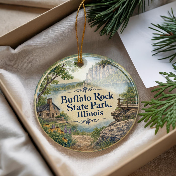 A decorative ornament with a scenic image of Buffalo Rock State Park, Illinois, hanging from a string.