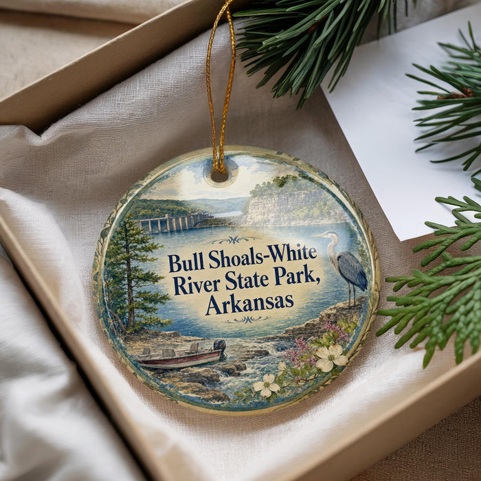 A decorative ornament with a scenic image of Bull Shoals-White River State Park, Arkansas, hanging from a string.