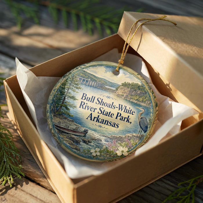 A circular ornament in a wooden box, featuring a scenic image of Bull Shoals-White River State Park in Arkansas.
