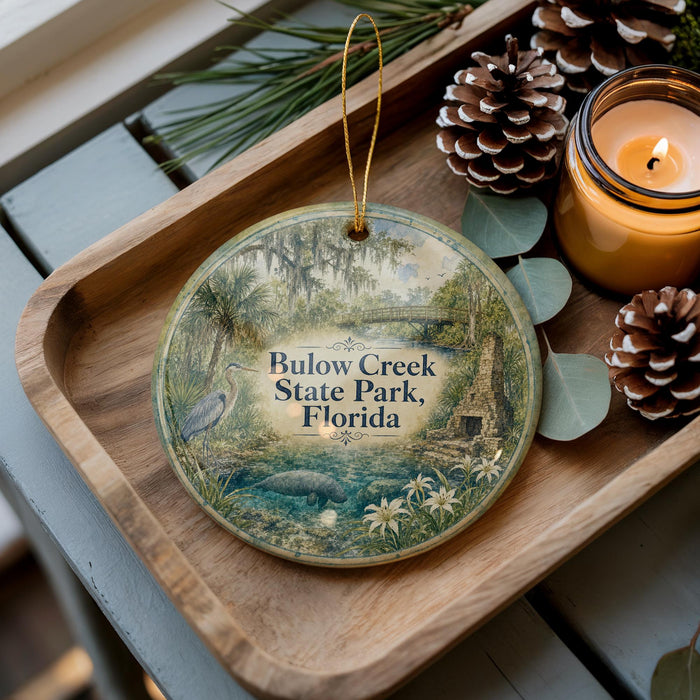 A round ornament with a scenic image of Bulow Creek State Park, Florida, is displayed on a wooden tray alongside pine cones and a lit candle.