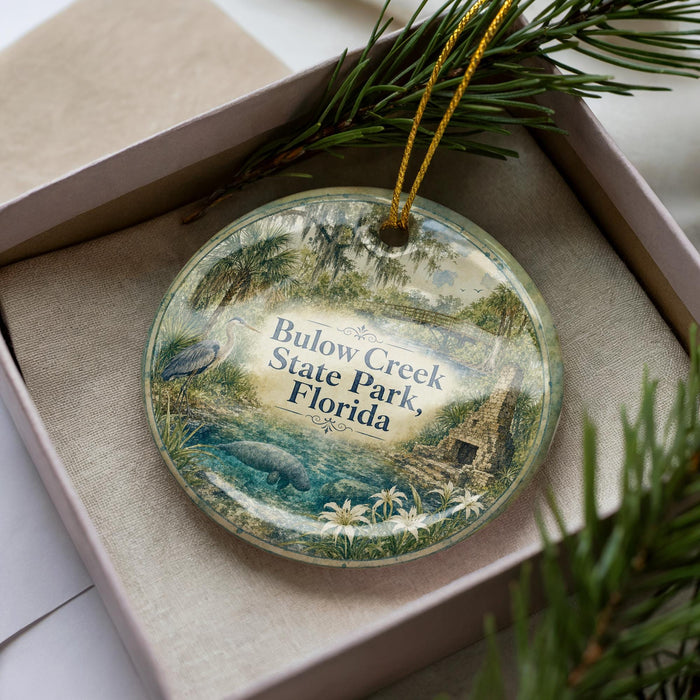 A decorative ornament in a box, featuring a scenic image of Bulow Creek State Park, Florida.