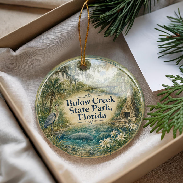 A round ornament with a scenic image of Bulow Creek State Park, Florida, hanging from a string.