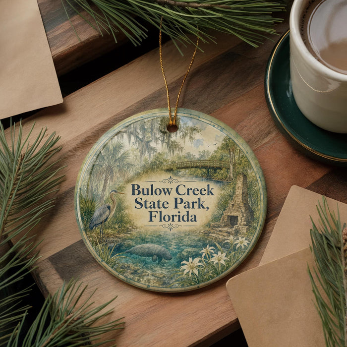 A round ornament with a scenic illustration of Bulow Creek State Park, Florida, hanging on a wooden surface.