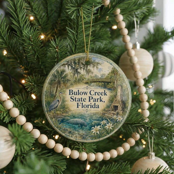 A round ornament hanging on a Christmas tree, featuring a scenic image of Bulow Creek State Park, Florida.