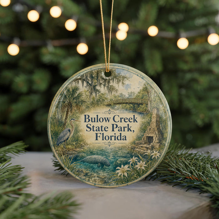 A circular ornament with a painting of a bird and a bridge, surrounded by greenery, with the text "Bulow Creek State Park, Florida" displayed on it.