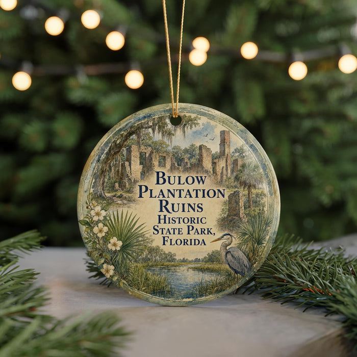A circular ornament with a picture of a bird and palm trees, surrounded by greenery, hangs in front of a Christmas tree with lights.
