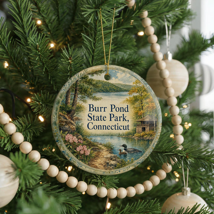 A round ornament hanging on a Christmas tree, featuring a scenic landscape with a lake, trees, and a bird.