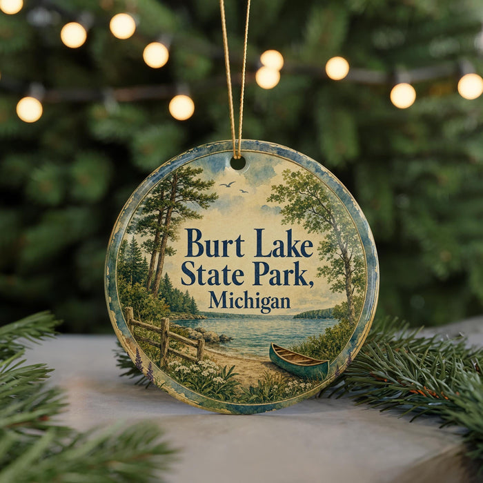 A circular ornament with a scenic image of a lake and trees, surrounded by Christmas lights, placed on a surface with pine branches.