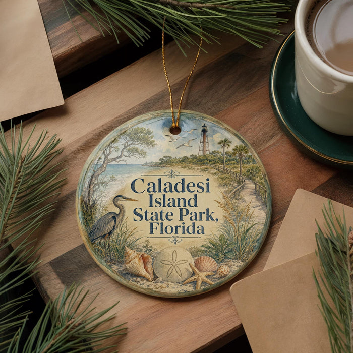A decorative ornament featuring a beach scene with palm trees, a lighthouse, and a bird, along with the text "Caldesi Island State Park, Florida".