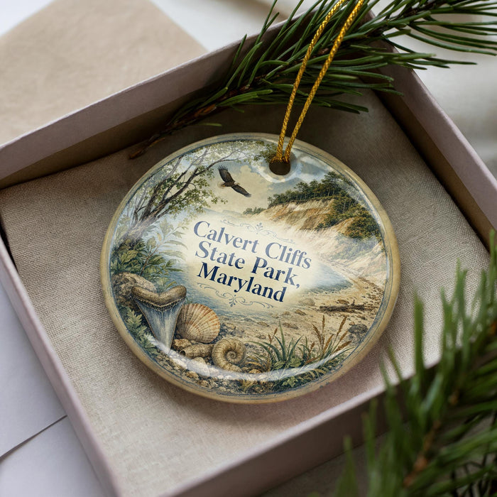 A decorative ornament in a box, featuring a scenic landscape with a bird, trees, and a body of water.