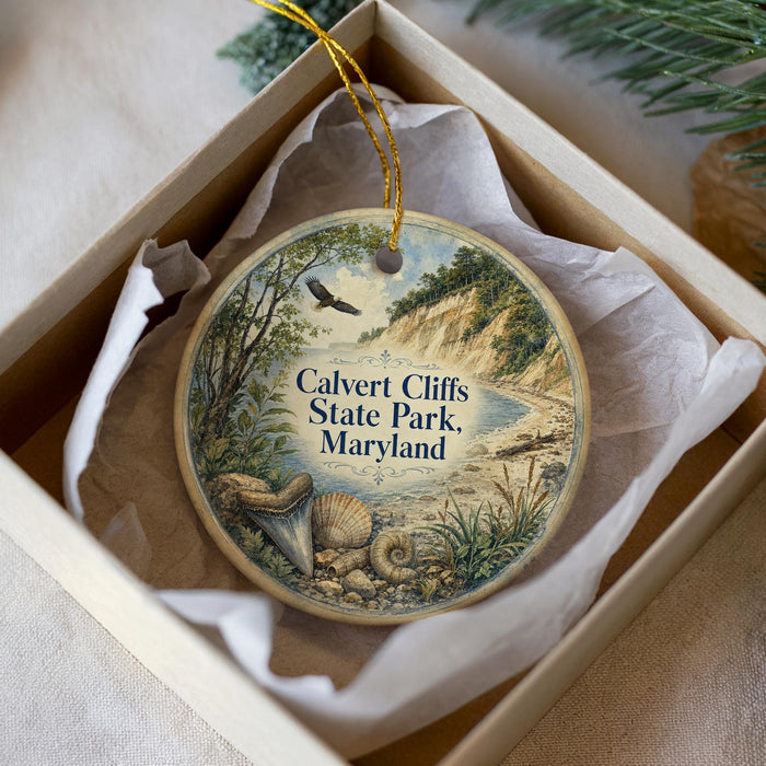 A round ornament with a scenic landscape of cliffs, trees, and a river, hanging from a string.