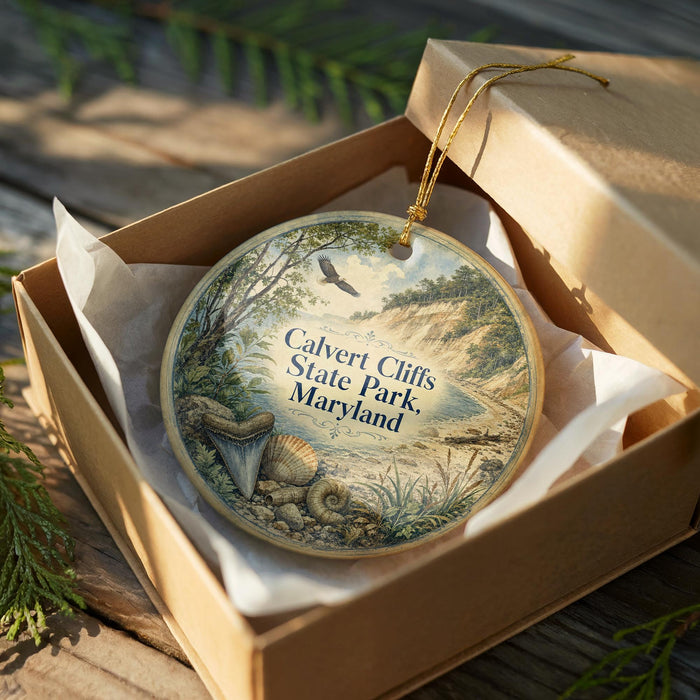 An ornamental ornament in a cardboard box, featuring a scenic landscape with a river, trees, and wildlife.