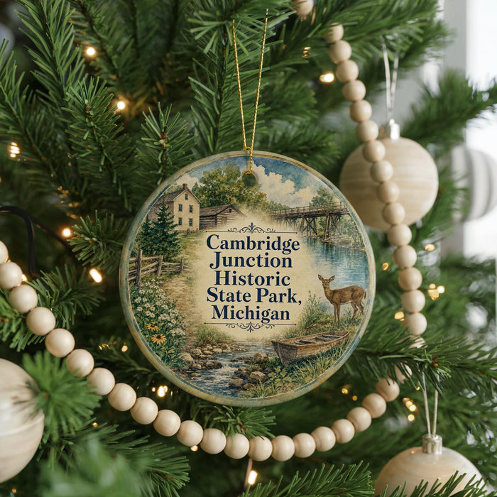 A Christmas tree ornament with a scenic image of a deer in a field, surrounded by trees and a bridge, with the text "Cambridge Junction Historic State Park, Michigan" displayed on it.