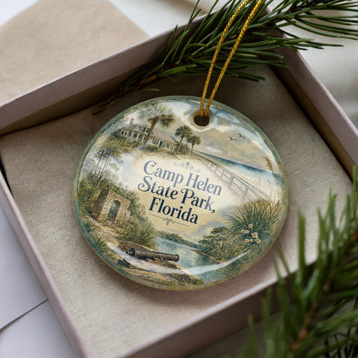 A decorative ornament in a box, featuring a scenic image of Camp Helen State Park, Florida.