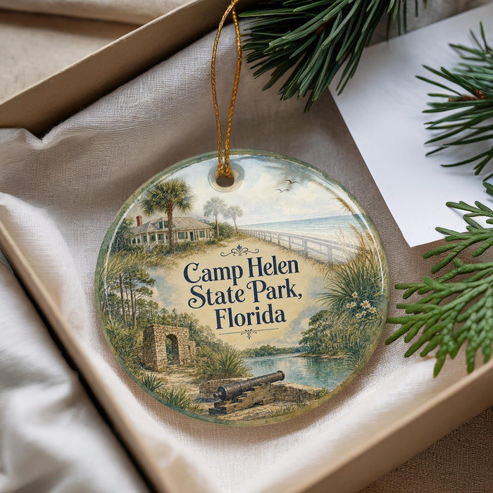 A round ornament with a painting of Camp Helen State Park, Florida, hanging from a string.