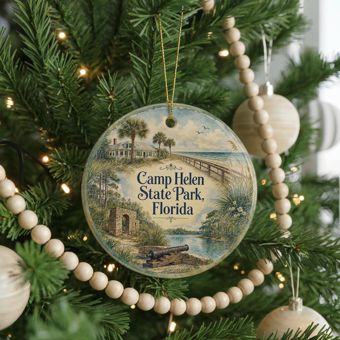 A round ornament hanging on a Christmas tree, featuring a scenic image of Camp Helen State Park in Florida.