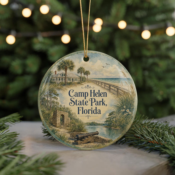 A round ornament with a painting of a beach and palm trees, featuring the text "Camp Helen State Park, Florida" on it.