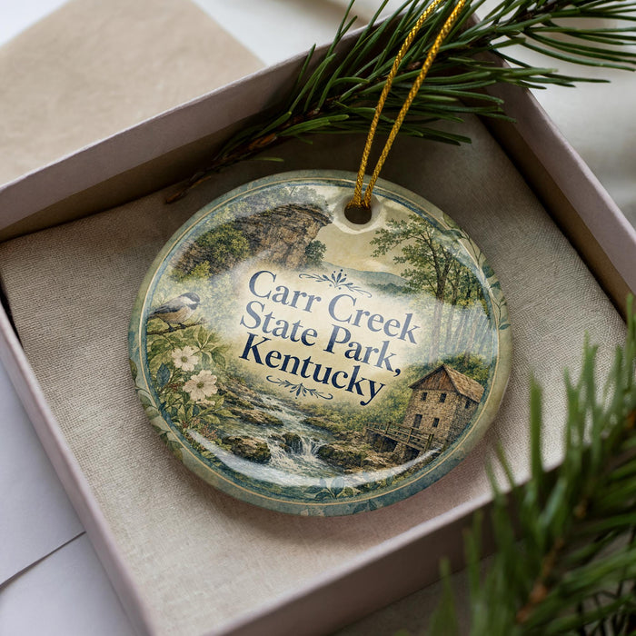 A decorative ornament in a box, featuring a scenic image of Carr Creek State Park in Kentucky.