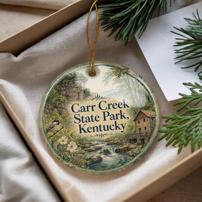 A decorative ornament with a scenic image of Carr Creek State Park, Kentucky, hanging from a string.