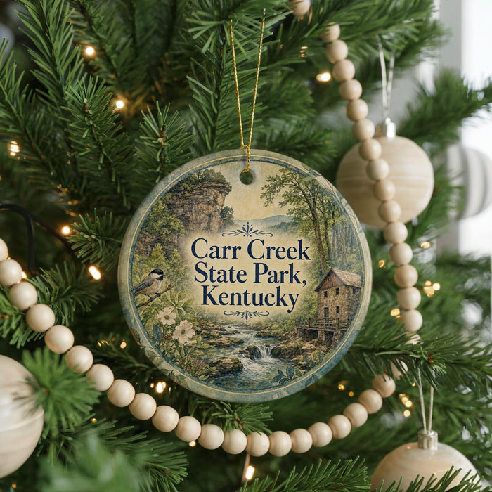 A round ornament on a Christmas tree, featuring a scenic image of Carr Creek State Park in Kentucky.