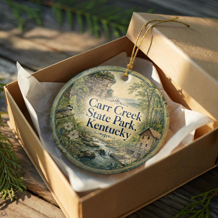 A decorative ornament in a wooden box, featuring a scenic landscape with a river and a cabin, with the text "Carr Creek State Park, Kentucky" printed on it.