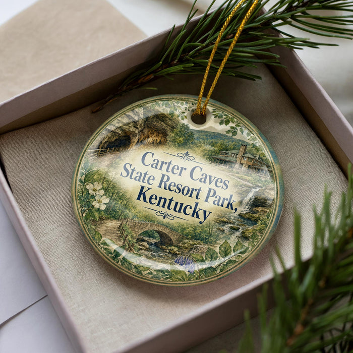 A decorative ornament in a box, featuring a scenic landscape with a bridge and trees, with the text "Carter Caves State Resort Park, Kentucky" printed on it.