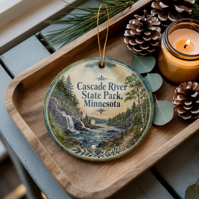 A wooden tray with a decorative ornament featuring a scenic image of the Cascade River State Park in Minnesota, accompanied by pine cones and a lit candle.