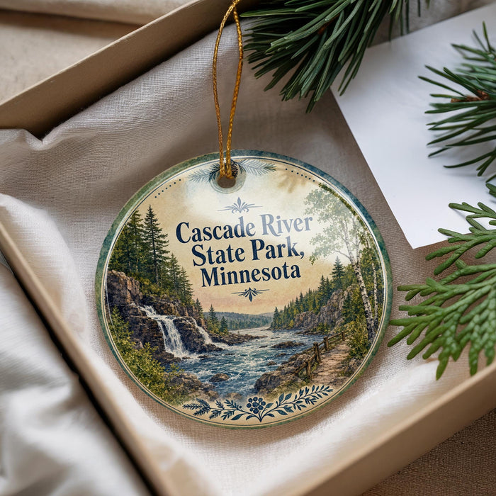 A decorative ornament with a scenic image of the Cascade River State Park in Minnesota, featuring a waterfall and forested landscape.