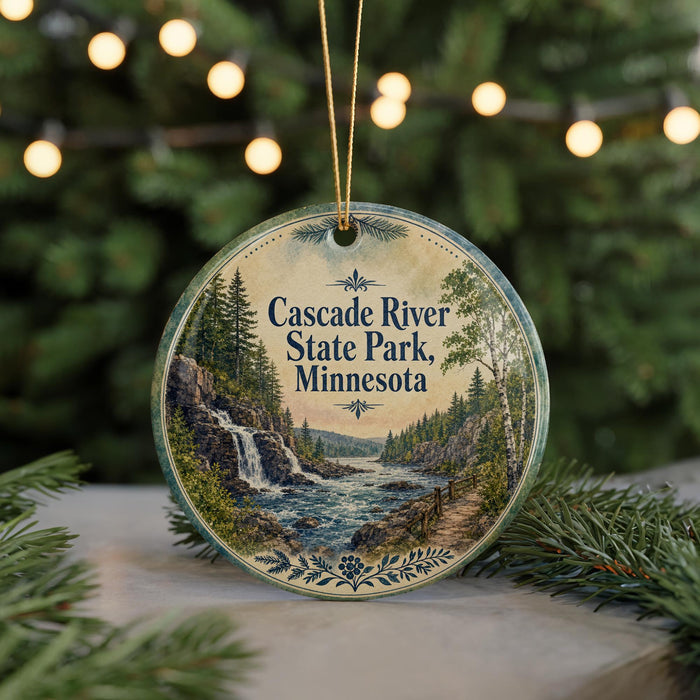 A round ornament with a scenic image of the Cascade River State Park in Minnesota, featuring a waterfall and forest landscape.