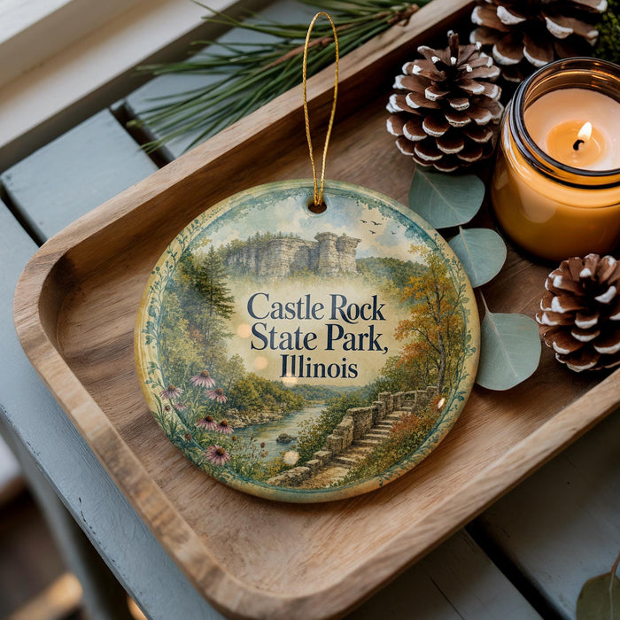 A decorative ornament with a scenic landscape of Castle Rock State Park, Illinois, featuring a castle, trees, and a river, is displayed on a wooden tray alongside pine cones and a lit candle.