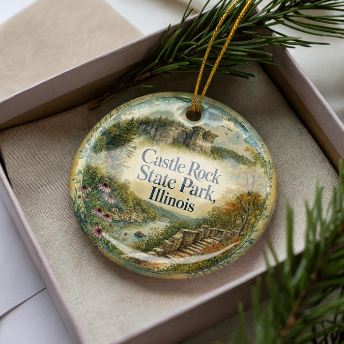 A decorative ornament in a box, featuring a scenic landscape with a castle, trees, and a river.