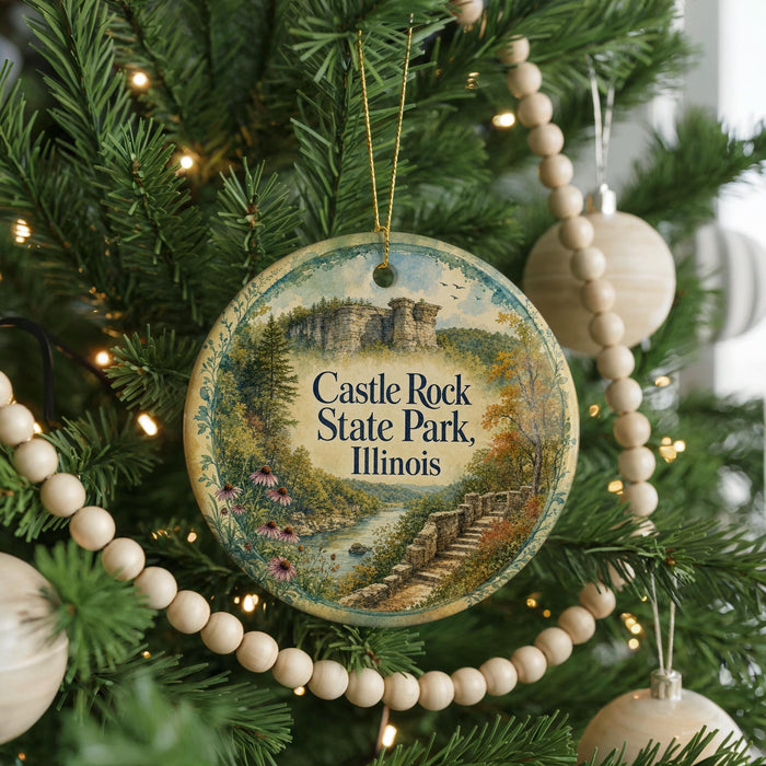 A round ornament hanging on a Christmas tree, featuring a scenic landscape with a castle and a river.