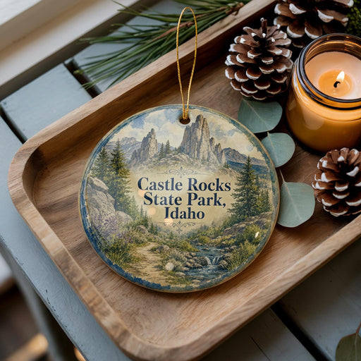 A decorative ornament featuring a scenic landscape of Castle Rocks State Park, Idaho, with pine cones and a lit candle on a wooden tray.