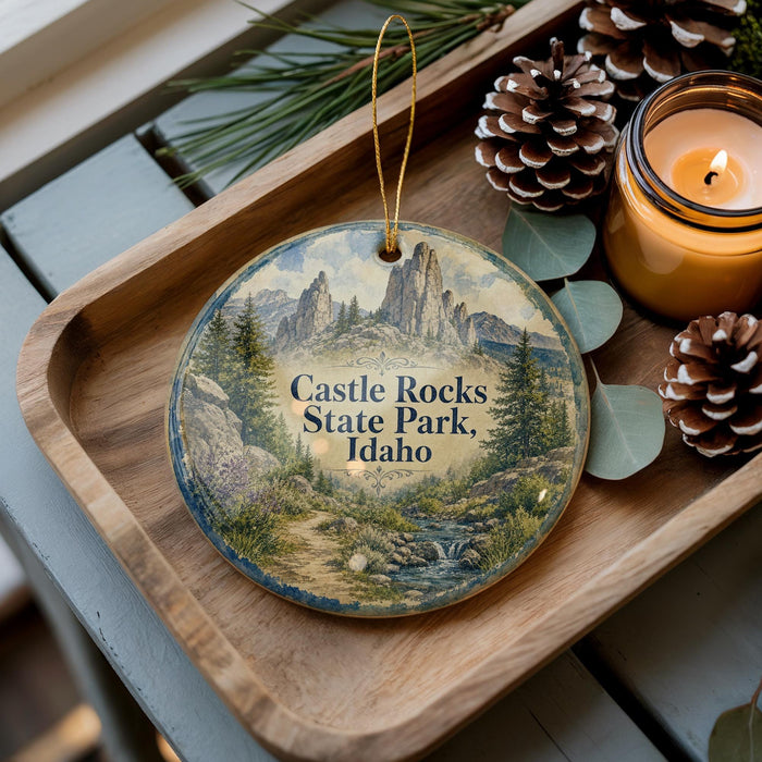 A decorative ornament featuring a scenic landscape of Castle Rocks State Park, Idaho, with pine cones and a lit candle on a wooden tray.