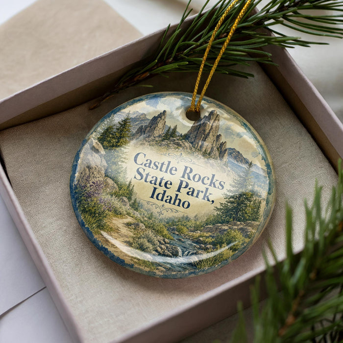 A decorative ornament in a box, featuring a scenic landscape with mountains and pine trees.