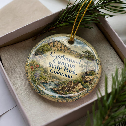 A decorative ornament with a scenic landscape of Castleton Canyon State Park, Colorado, displayed in a box with pine branches.
