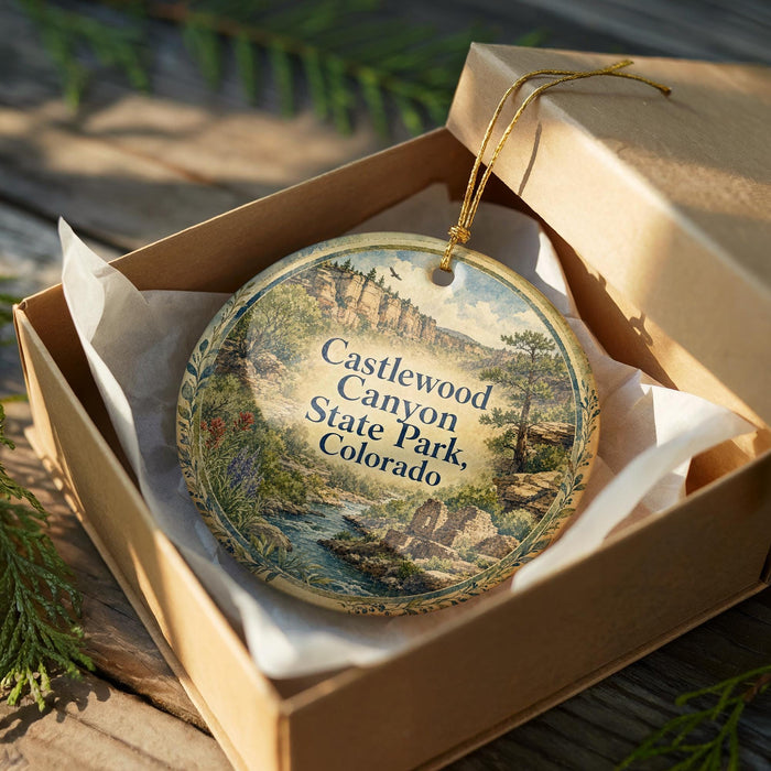 A decorative ornament in a box, featuring a scenic landscape of Castleton Canyon State Park, Colorado.