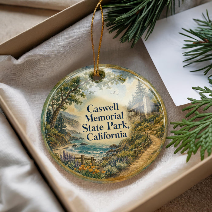 A decorative ornament with a scenic landscape of Caswell Memorial Park, California, hanging from a string.
