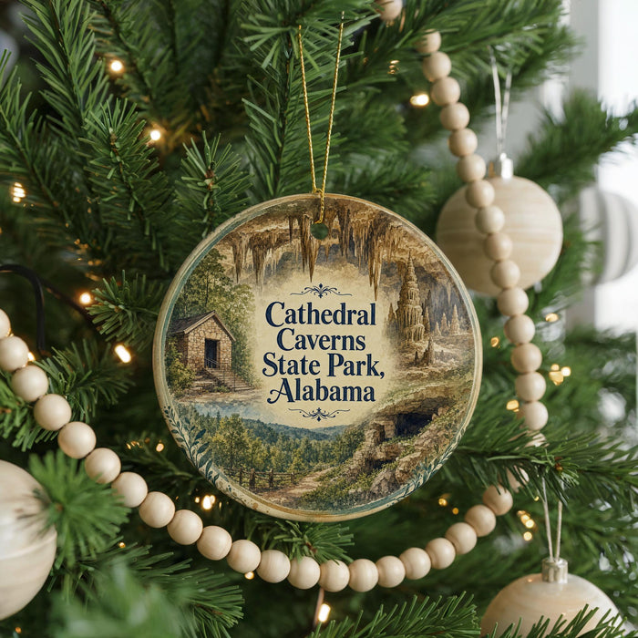 A circular ornament hanging on a Christmas tree, featuring an illustration of the Cathedral Caves State Park in Alabama.