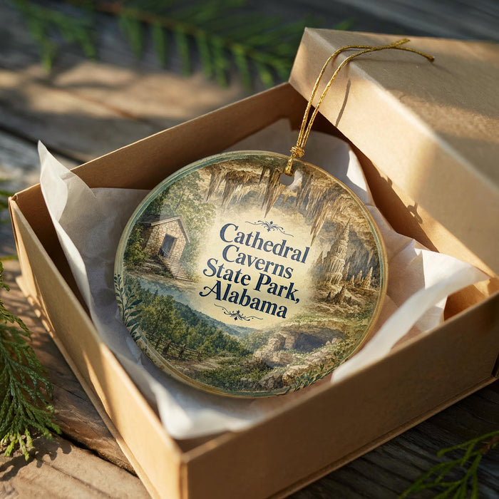A decorative ornament in a cardboard box, featuring a scenic image of the Cathedral Caves in Alabama.