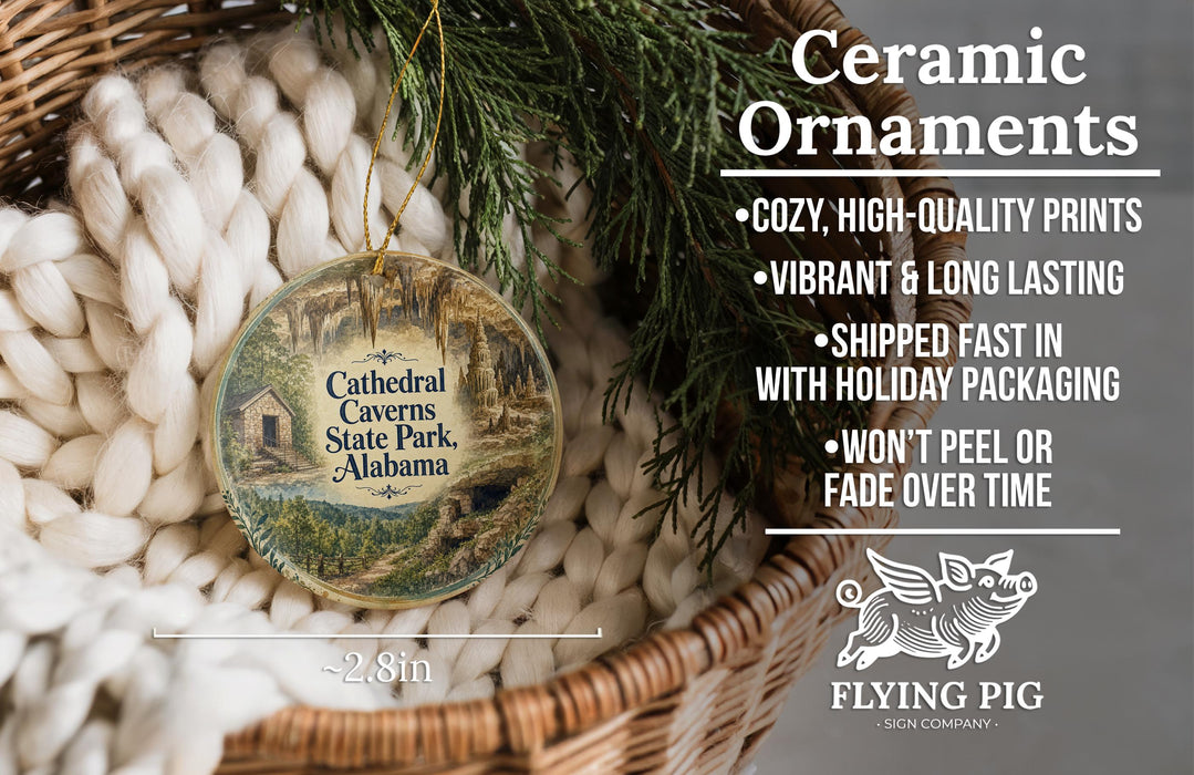 Ceramic ornaments, featuring a detailed image of Cathedral Caverns State Park, Alabama, hanging from a wicker basket.