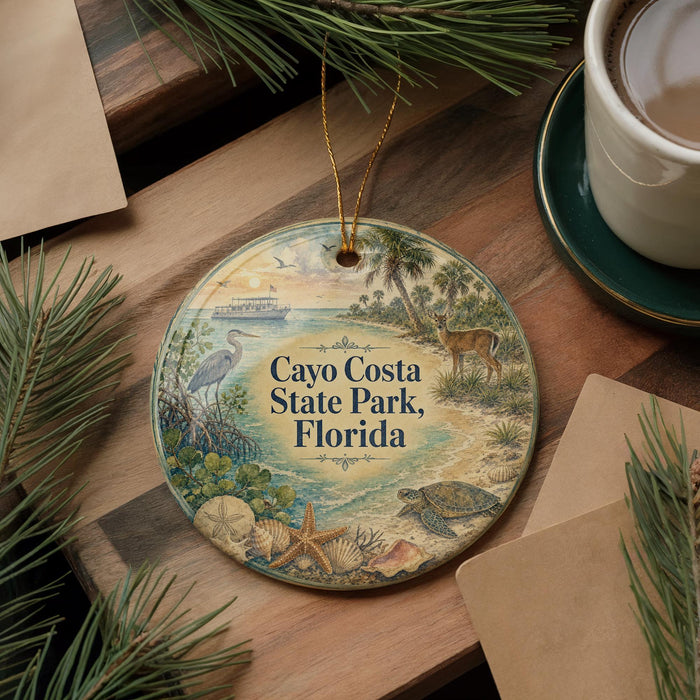 A decorative ornament featuring a beach scene with a boat, palm trees, and various wildlife, including a bird and a deer, is displayed on a wooden surface alongside a cup of coffee and some pine branches.