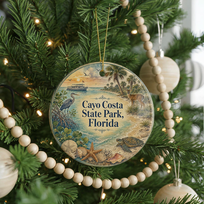 A round ornament hanging on a Christmas tree, featuring illustrations of a beach, palm trees, and wildlife, with the text "Cayo Costa State Park, Florida" displayed prominently.