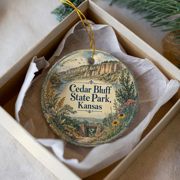 A decorative ornament in a box, featuring a scenic landscape with a mountain and a river.
