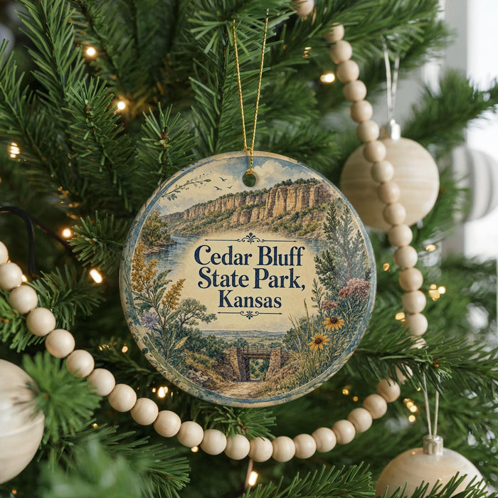 A round ornament hanging on a Christmas tree, featuring a scenic landscape with a mountain and a river.