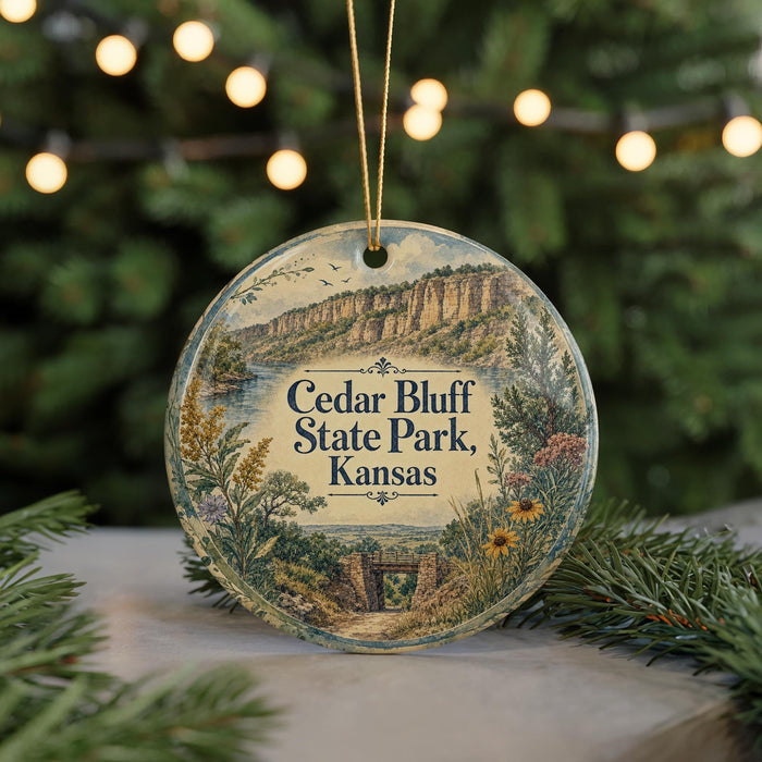 A round ornament with a scenic illustration of a park, featuring a mountain landscape and a path leading through the park.